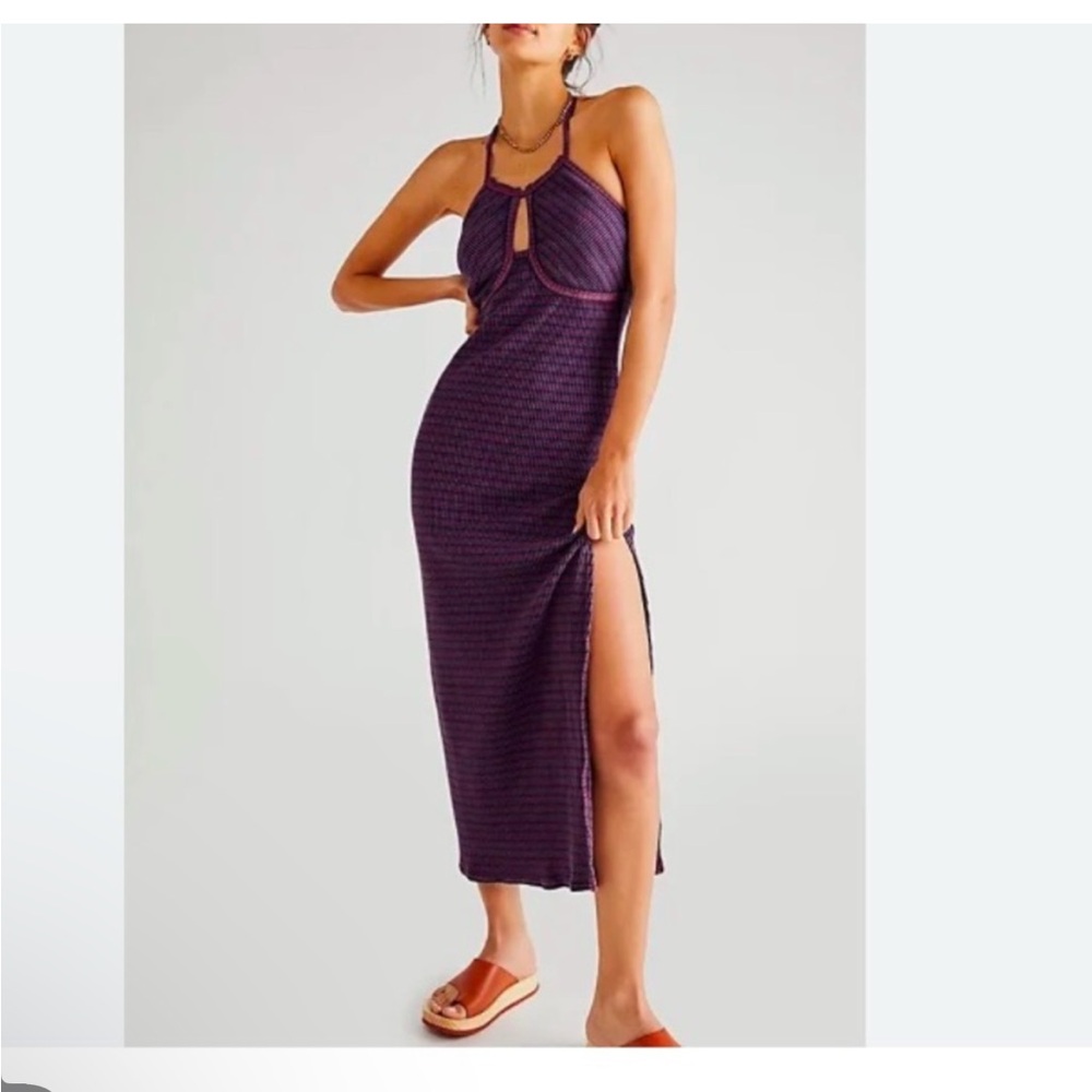 NWOT Free People Terra Red and Blue Striped Halter Midi Dress Size S